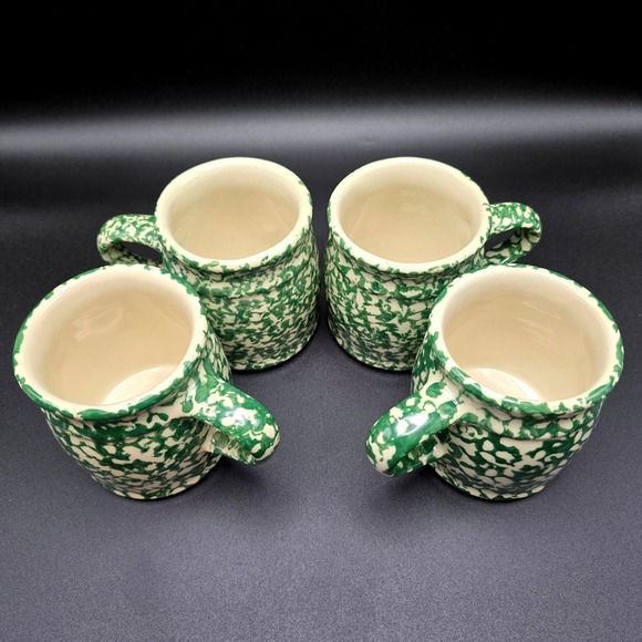 Gerald E Henn Workshops Green Sponge Ware Pottery Mugs Set of 4 Roseville Ohio - Picture 3 of 15